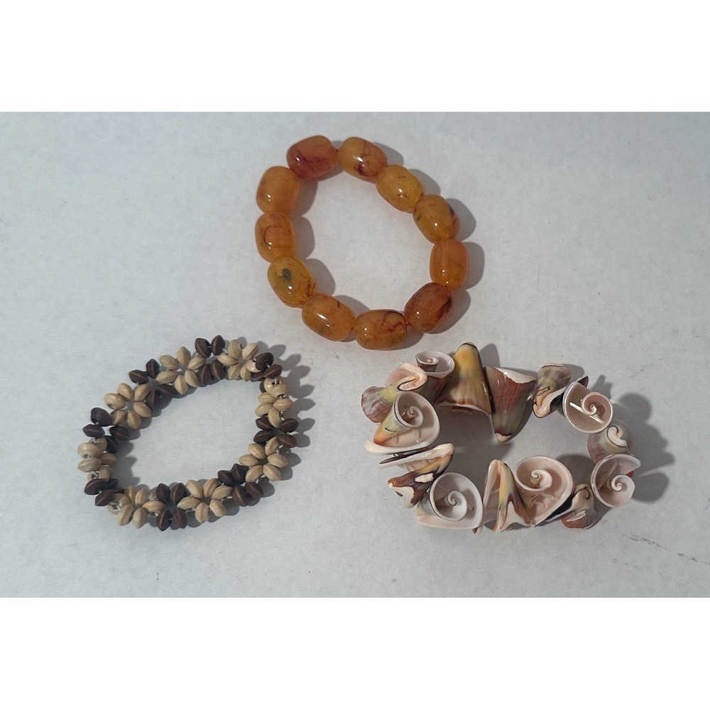 Boho Bracelet Lot Shell Wood Amber-Tone‎ Resin Stretch Bracelets Natural Style